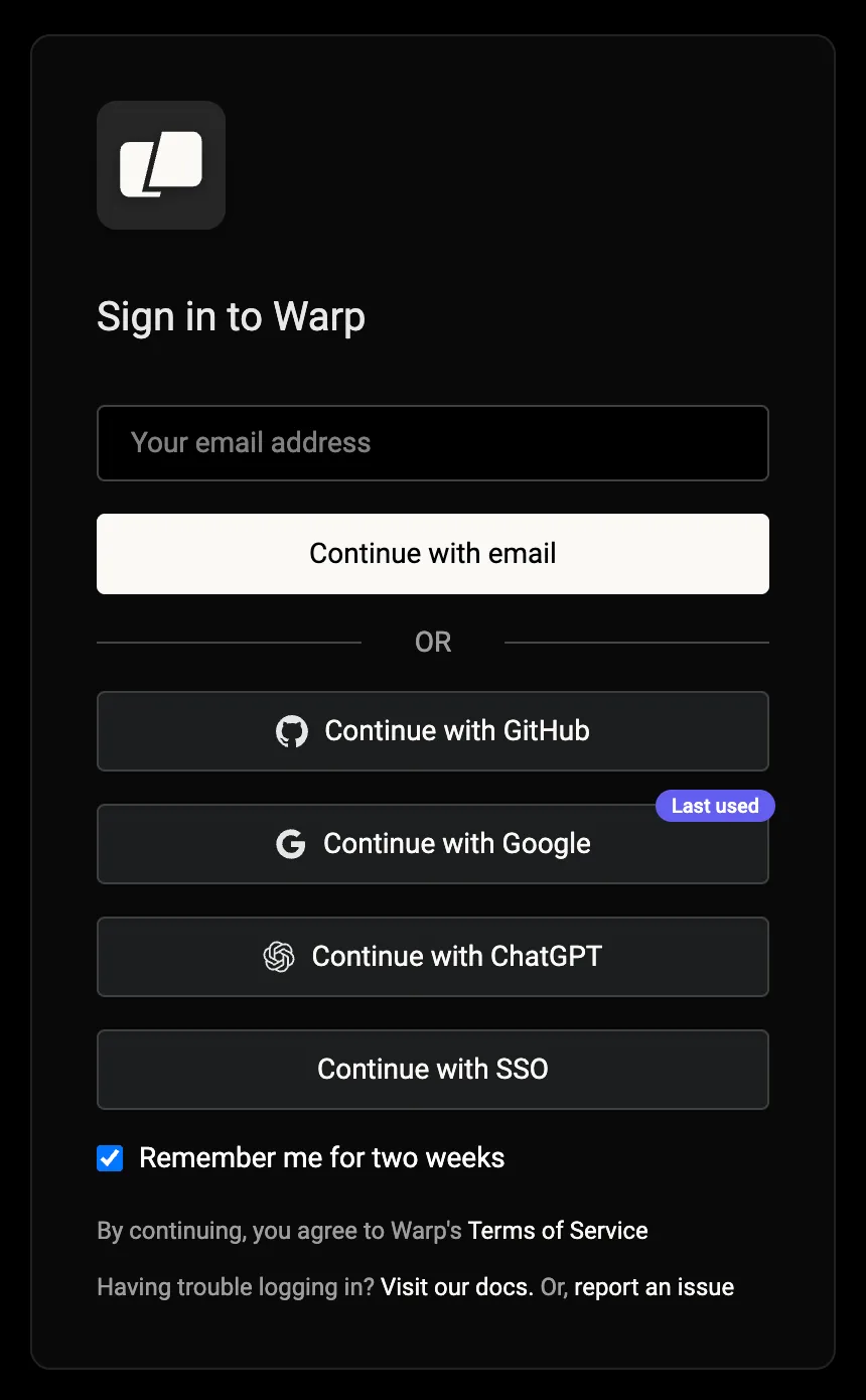 The Warp sign-in form with the Continue with ChatGPT button.